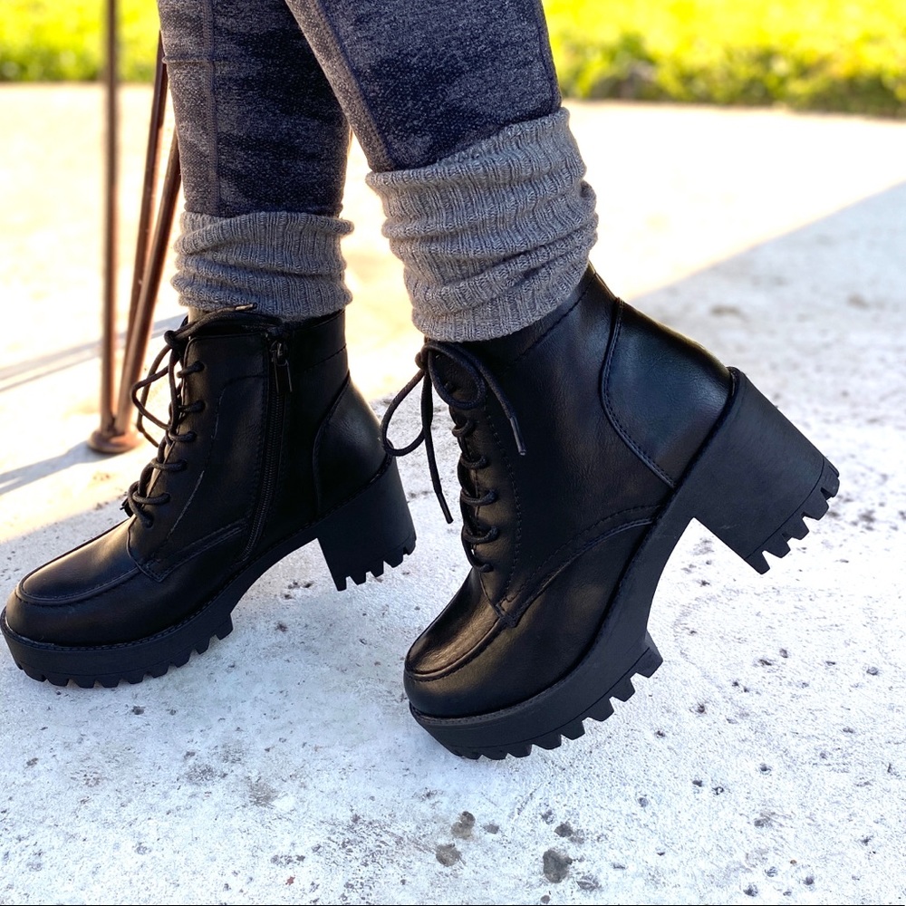 Black Faux Leather Lug Sole Lace Up Combat Boots - Picture 5 of 8
